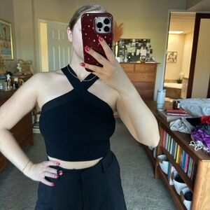 Ribbed Stretch Black Halter Neck Top Aritzia (Babaton brand)